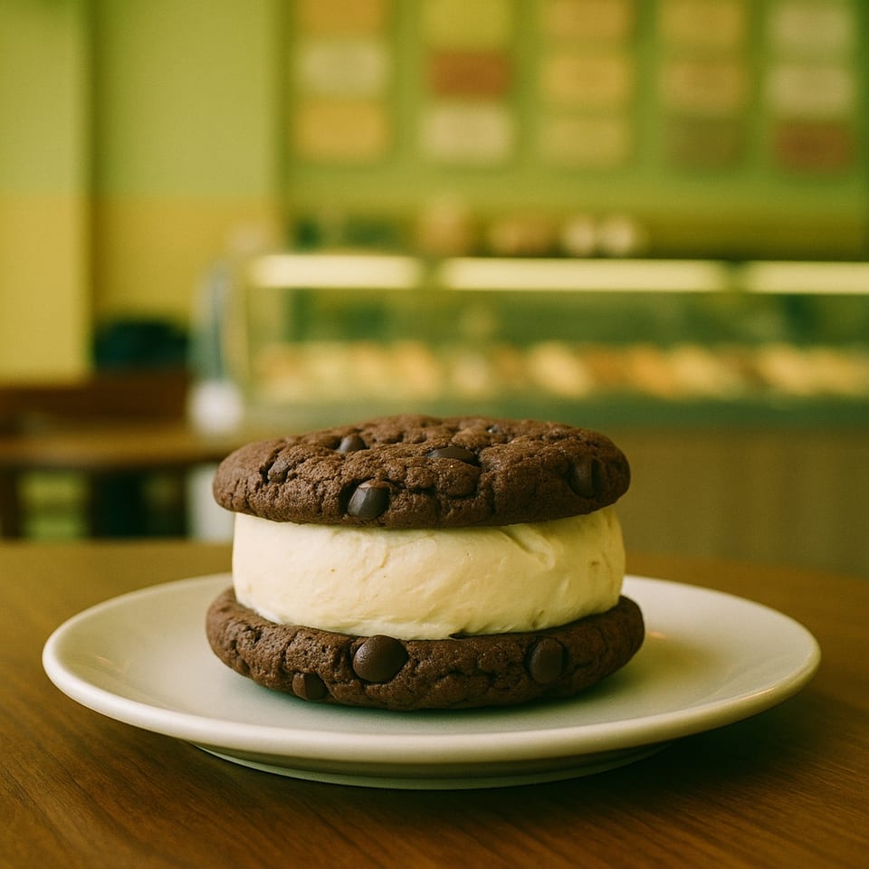 A GELATO&Cioccolato ice cream sandwich with chocolate chip cookies and vanilla gelato on a white plate.