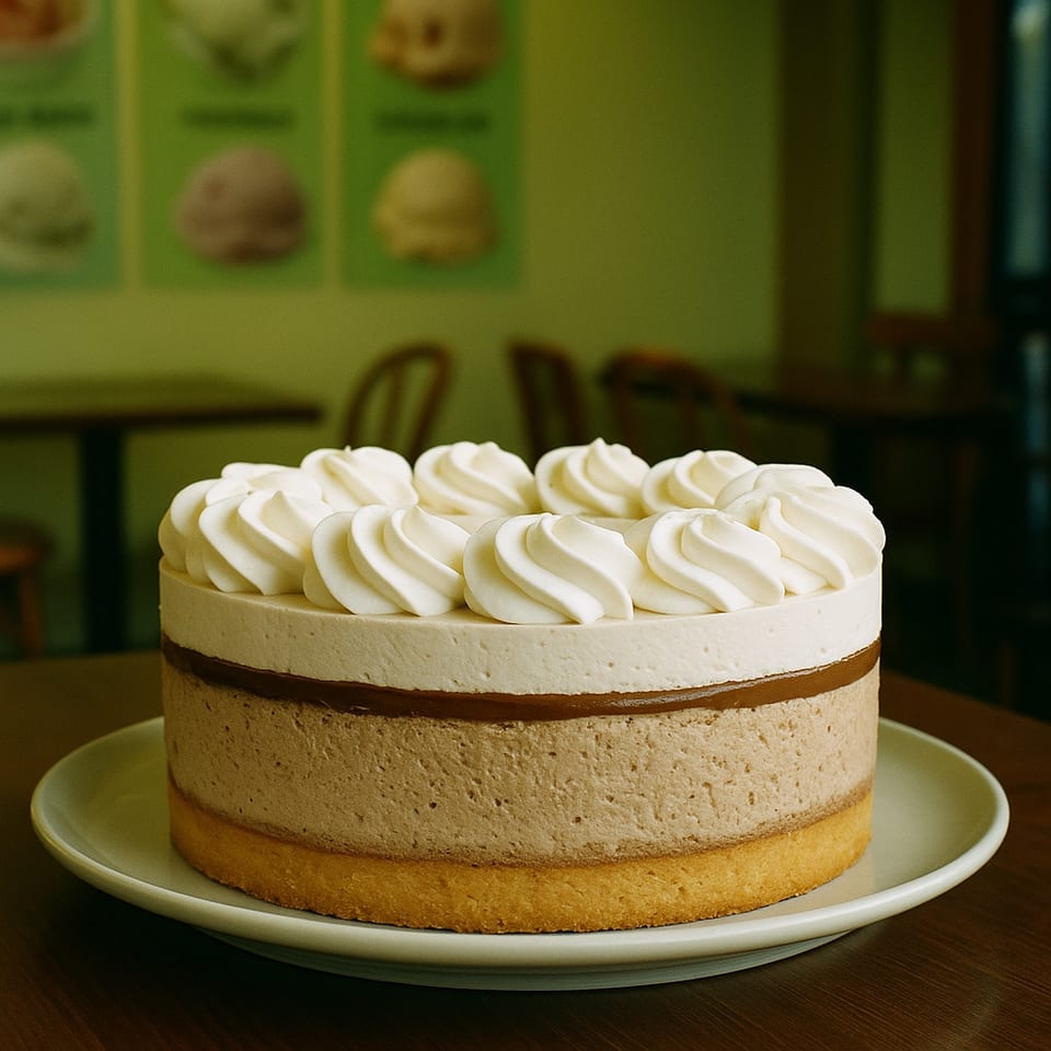 A layered GELATO&Cioccolato cake with white frosting swirls, caramel, and light brown mousse.